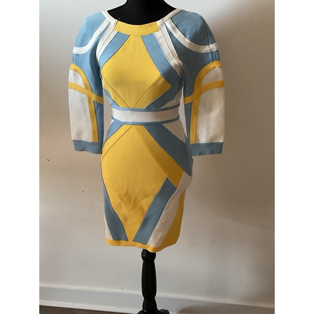 Celeb Boutique Geometric Sheath Dress Yellow Blue White V-Neck 3/4 Zip M